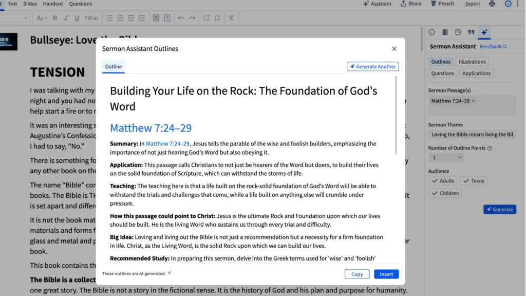Logos Sermon Assistant AI outlines